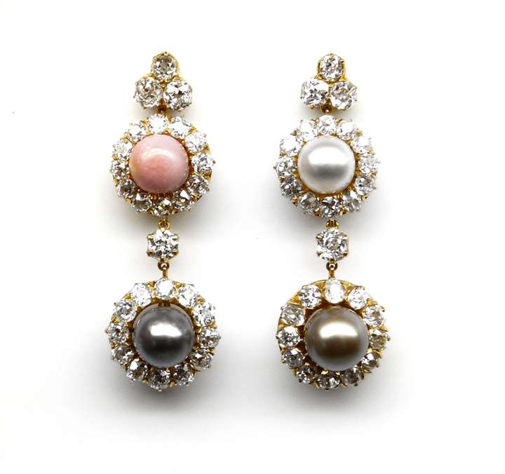 Pair of 19th century vari-coloured pearl and diamond cluster pendant earrings